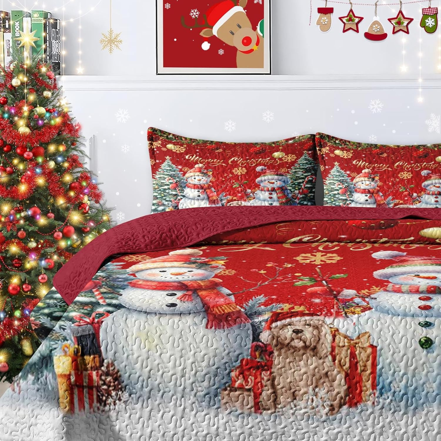 Christmas King Size Quilt Set, Dark Red Xmas Snowman Lightweight Bedspread Cover