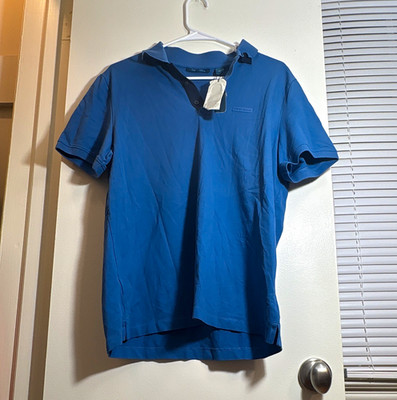 NWT Perry Ellis Men's L Blue Solid Knit Polo Shirt Short Sleeve Button Logo