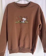Peanuts Snoopy Fall Autumn Leaves Embroidered Brown Sweatshirt Velvet Lined M/L