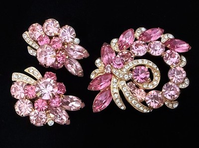 Vintage 1950s Signed EISENBERG Pink Rhinestone Brooch & Clip-On Earring Set