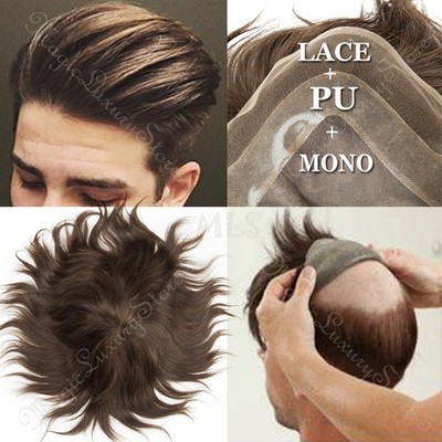 Men Toupee Wig Human Hair Replacement System Forehead Hairline PU Skin Hairpiece