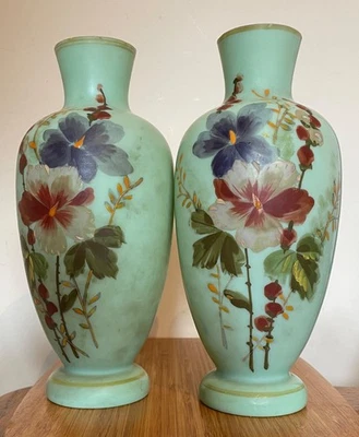 Pair of Milk Glass Hand Painted Vases - 8.5" (21.5cm) - Antique - Image 1 of 3