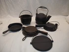 VINTAGE 6pc CAST IRON CHILDS WAGNER SIDNEY STOVER FRYING PAN TEA KETTLE WAFFLE