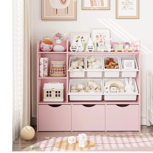 KIDS TOY STORAGE Bookcase with 6 Storage Bins 3 Drawers White/Pink Available - Picture 2 of 10