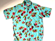 Vintage 60s Mens Blue Pink Rayon Silky Hawaiian Rose Floral Aloha Shirt sz M