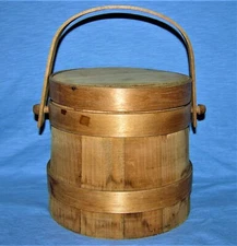 Antique Primitive Large Wooden Firkin Sugar Bucket/Pantry Box w/Lid & Handle