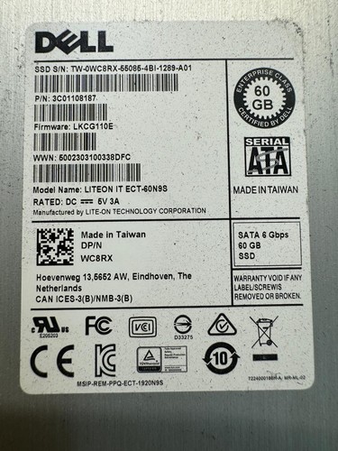 DELL LITEON IT ECT-60N9S 3C01108187 WC8RX 60GB 6 Gb/s SATA 2.5" SSD - Picture 12 of 13