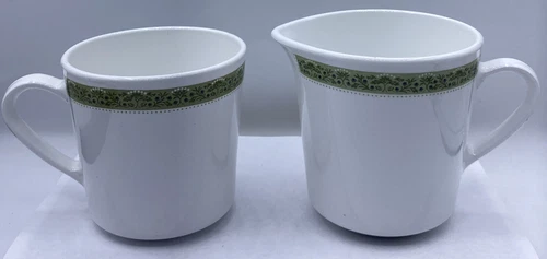 Corning Centura LYNWOOD Green White NOS Creamer + Coffee Mug Milk Glass Made USA