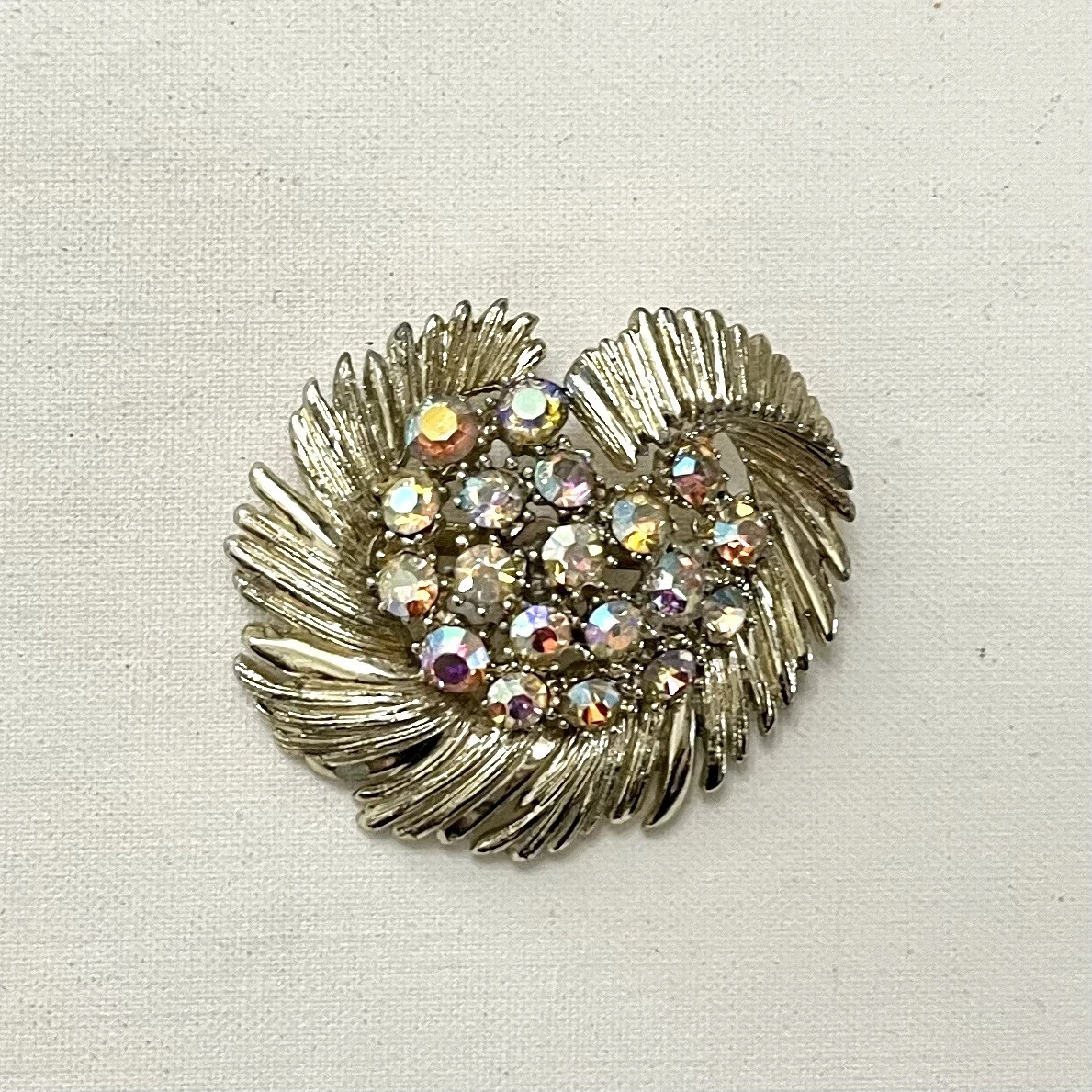 BSK Gold Tone Brooch AB Aurora Borealis Rhinestones Pin Vintage
