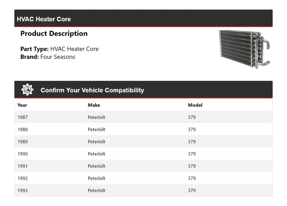 Para 1987-1993 Peterbilt 379 HVAC Calentador Núcleo 4 Temporadas 1988 1989 1990 1991 1992 Foto 2 de 3