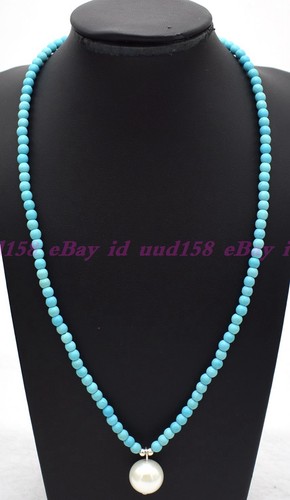 4mm Blue Turquoise Round Gems White Shell Pearl Pendant Necklace 18 Inches - Picture 5 of 12