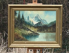 Large Oil Painting, Landscape, Eibsee Zugspitze, Unreadable Signed Kaizer?