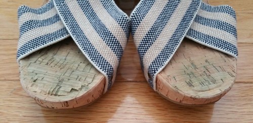 LUCKY BRAND Blue & Cream Striped Women's Wedge Sandals-Elastic Strap - Sz 8.5M - Picture 7 of 11