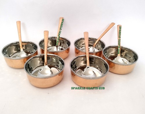 Copper Stainless Steel Kitchen Lunch Dinner Soup Bowl Ice Cream 6 Bowl 6 Spoon - Picture 2 of 10