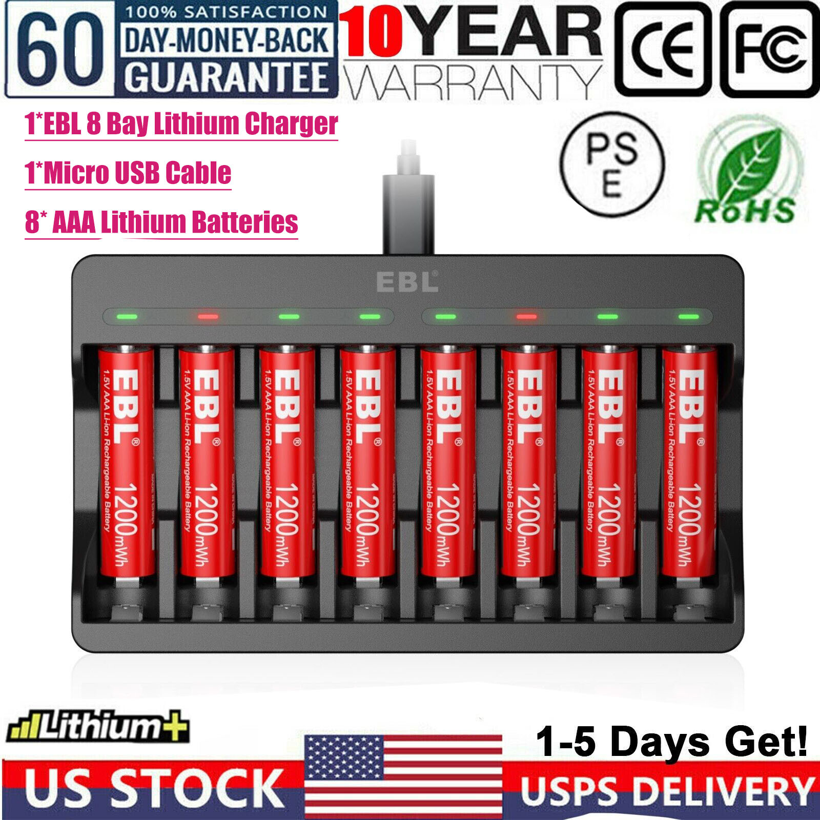 EBL AAA Batteries 8pcs 1200mWh Lithium Rechargeable  & 8-Bay AA AAA Charger-image