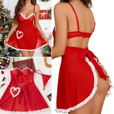 XMAS Women Sexy Lingerie Open Butt Mini Dress Set Babydoll+G-String Sleepwear US