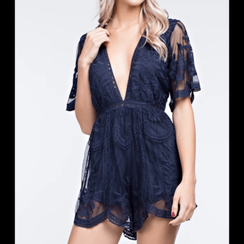 Honey Punch Navy Plunging Neck Lace Romper | M - image 1