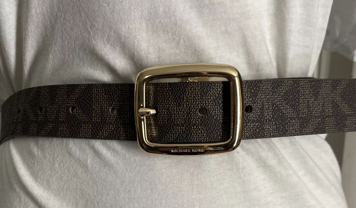 MICHAEL KORS BELT REVERSIBLE CHOCOLATE VANILLA MK LOGO PRINT GOLD OVAL BUCKLE