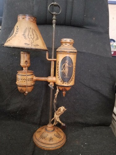 ANTIQUE FRENCH PEINTE TOLE STUDENT OIL LAMP NEOCLASSICAL FIGURES  - Bild 1 von 12