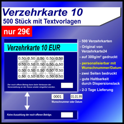 Verzehrkarten Wertkarten 10 EUR 500 Stück mit Textvorlagen Nummeriert oder Datum