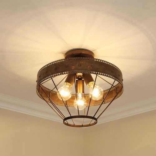 Golden Lighting 7856-SF Oyster Ferris 3-Light 15"W Semi-Flush Ceiling Fixture - Picture 2 of 8