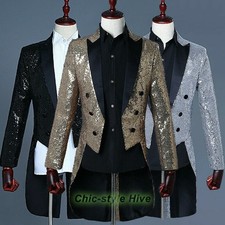 Mens Suit Top Jacket Tuxedo Tailcoat Coat Shiny Sequin Showman Wedding Banquet