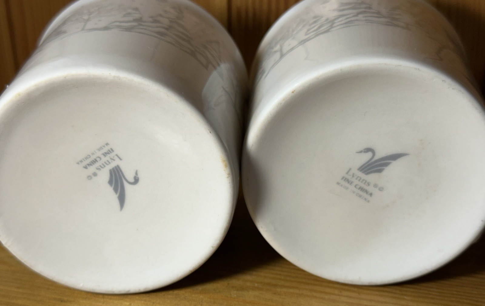 2 Lynn's 3” Fine China Cups - In The Pines Pattern - Snowflakes & Pine Trees EUC