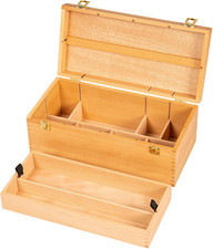 Large Art Supply Organizer Tool Box, Solid Beech Wood, Natural Portable