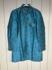Men's Semi Indo Western Party Wear Sherwani Suit Savriya Gold And Teal Brocade