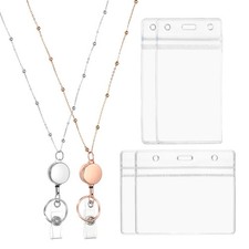 2 Pcs Round Badge Necklace Lanyard with 2 Set ID Holder, Silver Tone/Rose Gold