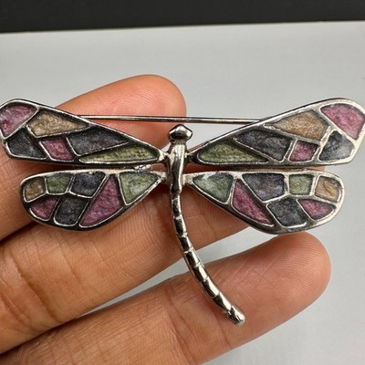 Dragonfly Brooch Silver Tone Multicolor Enamel Mosaic Insect Figural Statement