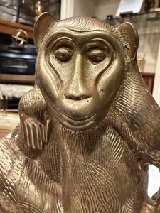 Brass Monkey Figurine Sculpture on Wooden Base