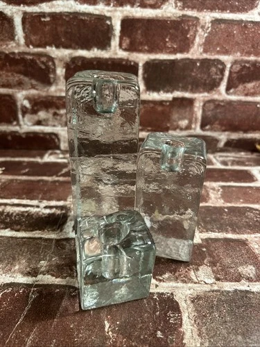 3 BLENKO Glass Ice Cube Candle Stick Holders Clear Square 2”,4”,6”