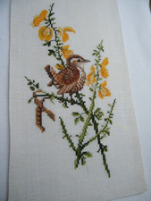 Kreuzstich Stickbild Eva Rosenstand Vogel Zaunkönig Handarbeit dänisch fertig