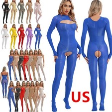 US Women Silky Sheer Mesh Bodystockings Open Breast Crotchless Stretch Jumpsuit