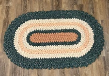 Crocheted Rag Rug Handmade Oval 44” x 27” Peach Green White Cottage Cabincore