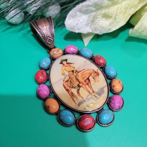 WESTERN COWGIRL PENDANT BOHO TURQUOISE MULTICOLORED ANTIQUE POLISHED OVAL - Picture 1 of 5