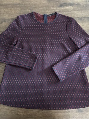 Zara Woman Knit Geometric Navy Blue Red Small Tunic Shirt  Long Sleeve Top