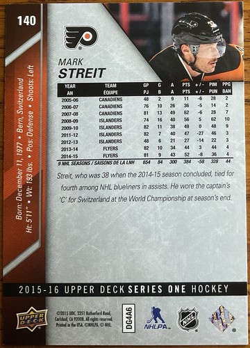 2015-16 Upper Deck Mark Streit #140 Philadelphia Flyers - Picture 2 of 2