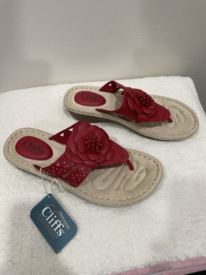 Womens Red Flower Sandals Size 8.5M Low Heel Faux Leather