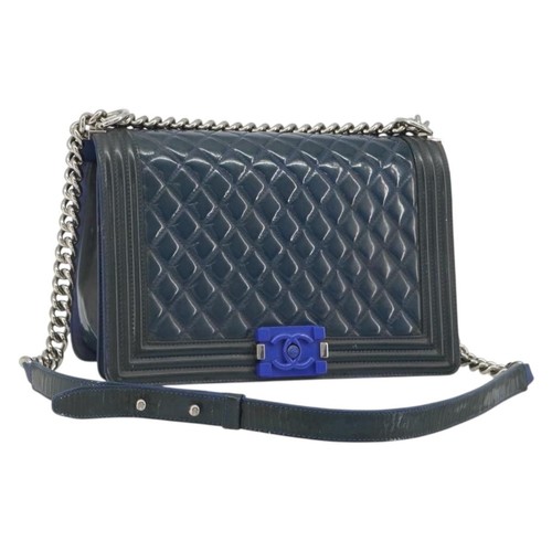 CHANEL Matelasse Boy Chanel Chain Bag Patent Leather Blue Silver CC Auth 193914