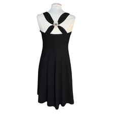 LBD Black Halter Neck Dress Brooch Knee Length Flared Event Formal Cocktail Glam