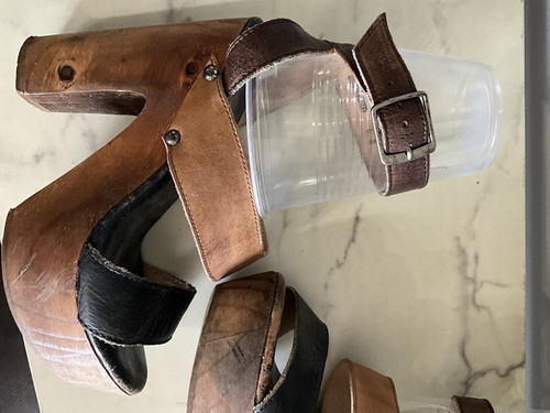 Bed Stu Womens Sophie Sandal Size 6 Brown Leather Wood Heel Platform Shoe - Picture 6 of 6