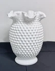 Fenton White Hobnail Milk Glass Double Crimped Vase 7.5” tall Vintage