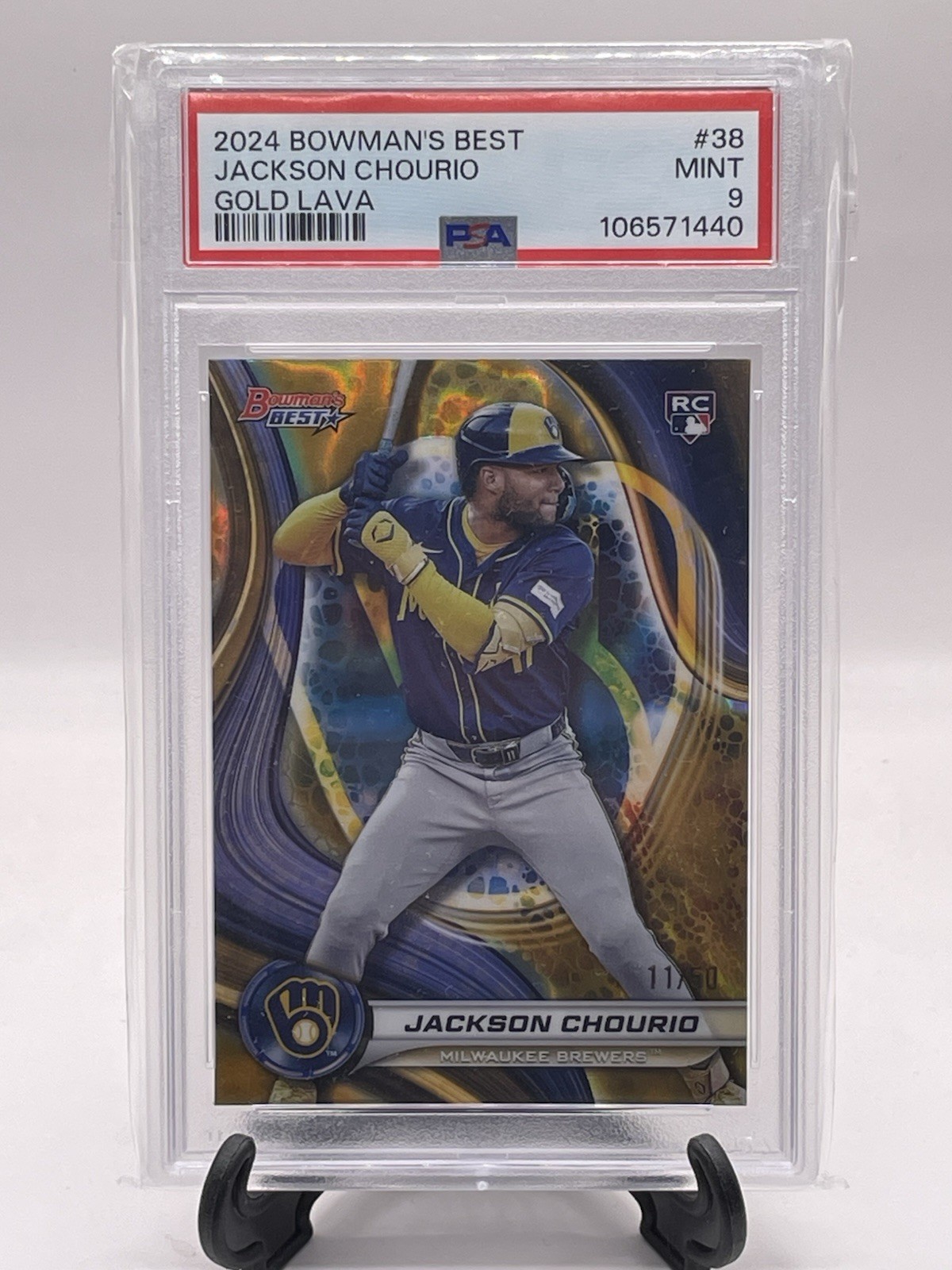 2024 Bowman’s Best Jackson Chourio Gold Lava Refractor RC #d 11/50 PSA 9 JERSEY#