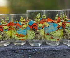 Vintage Glasses Libbey Covered Bridge Water Wheel Lake Country Scene retro Cups