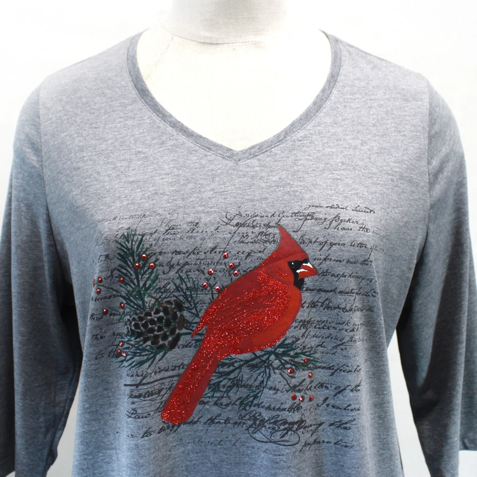 Catherines Plus Gray Cotton Glitter Bird Christmas Top Blouse 6X 38/40W - Image 3 of 4