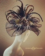 Kentucky Derby Fascinator Black Beige Fringe Peacock Feathers Royal Ascot Hat