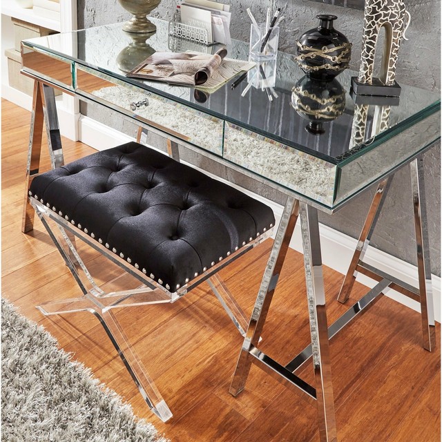 Neron 1 Drawer Mirrored Chrome Sawhorse Desk By Inspire Q Bold For