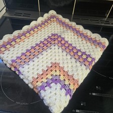 Handmade Crochet Cot, Pram, Car, Lap blanket In Pastel Multicolour and White.